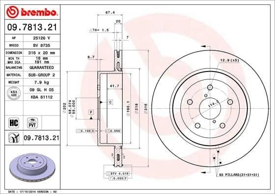 Brembo 09.7813.21 Subaru WRX STi rear rotor drawing