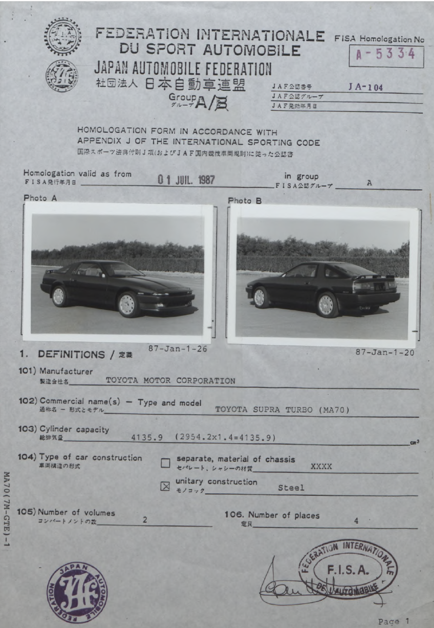 Group A homologation form