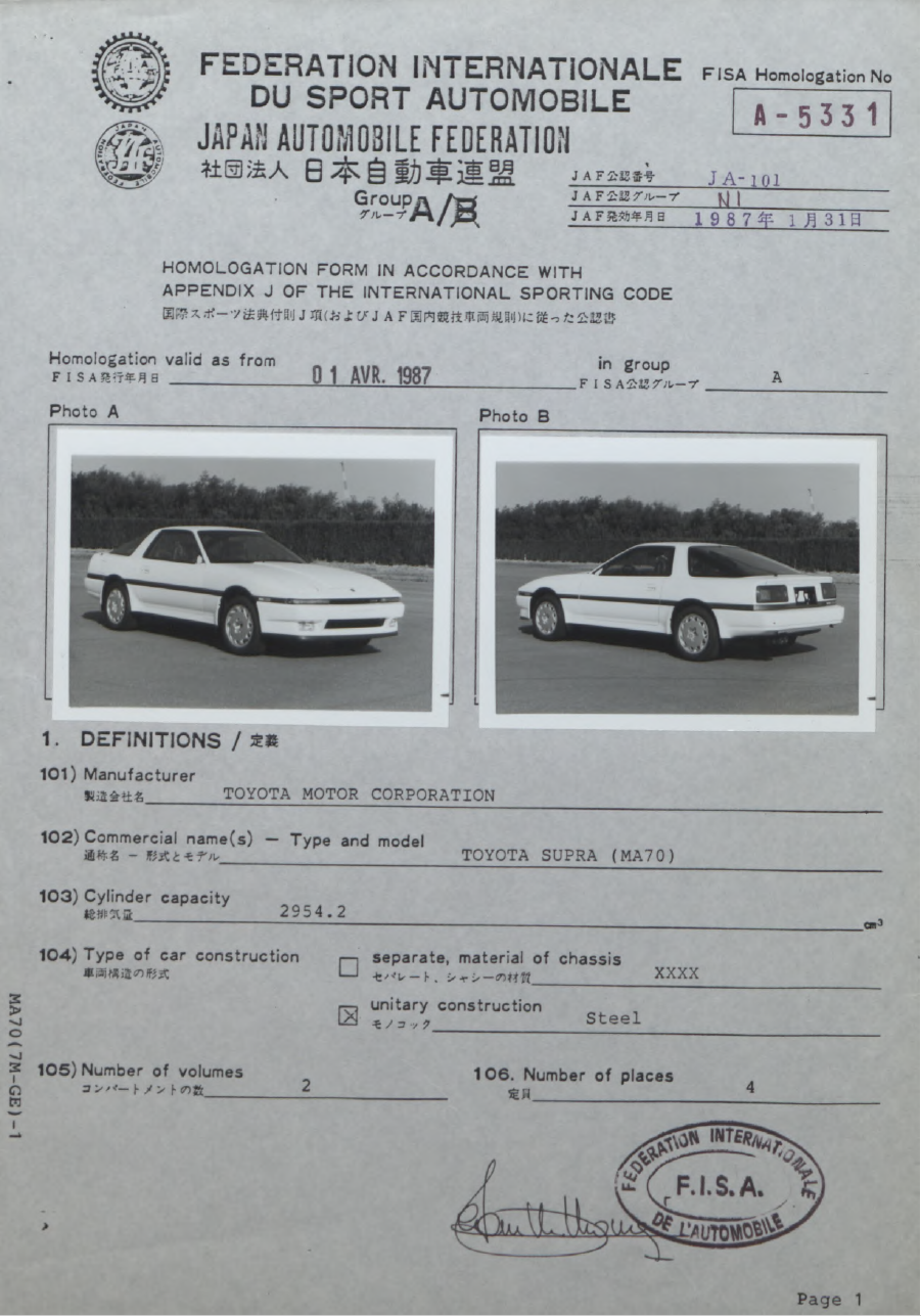 Group A homologation form 1987