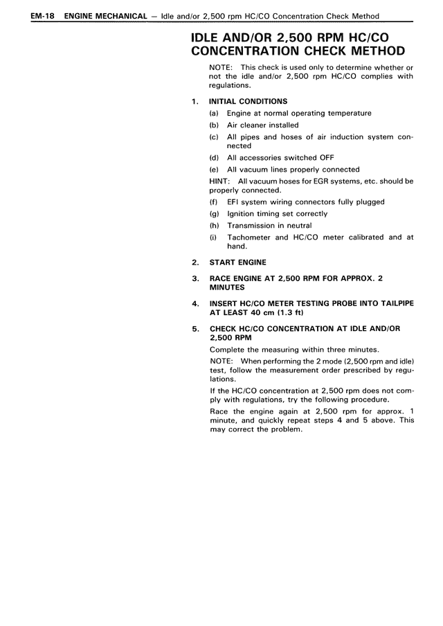 Idle and/or 23500 RPM HC/CO concentration check method