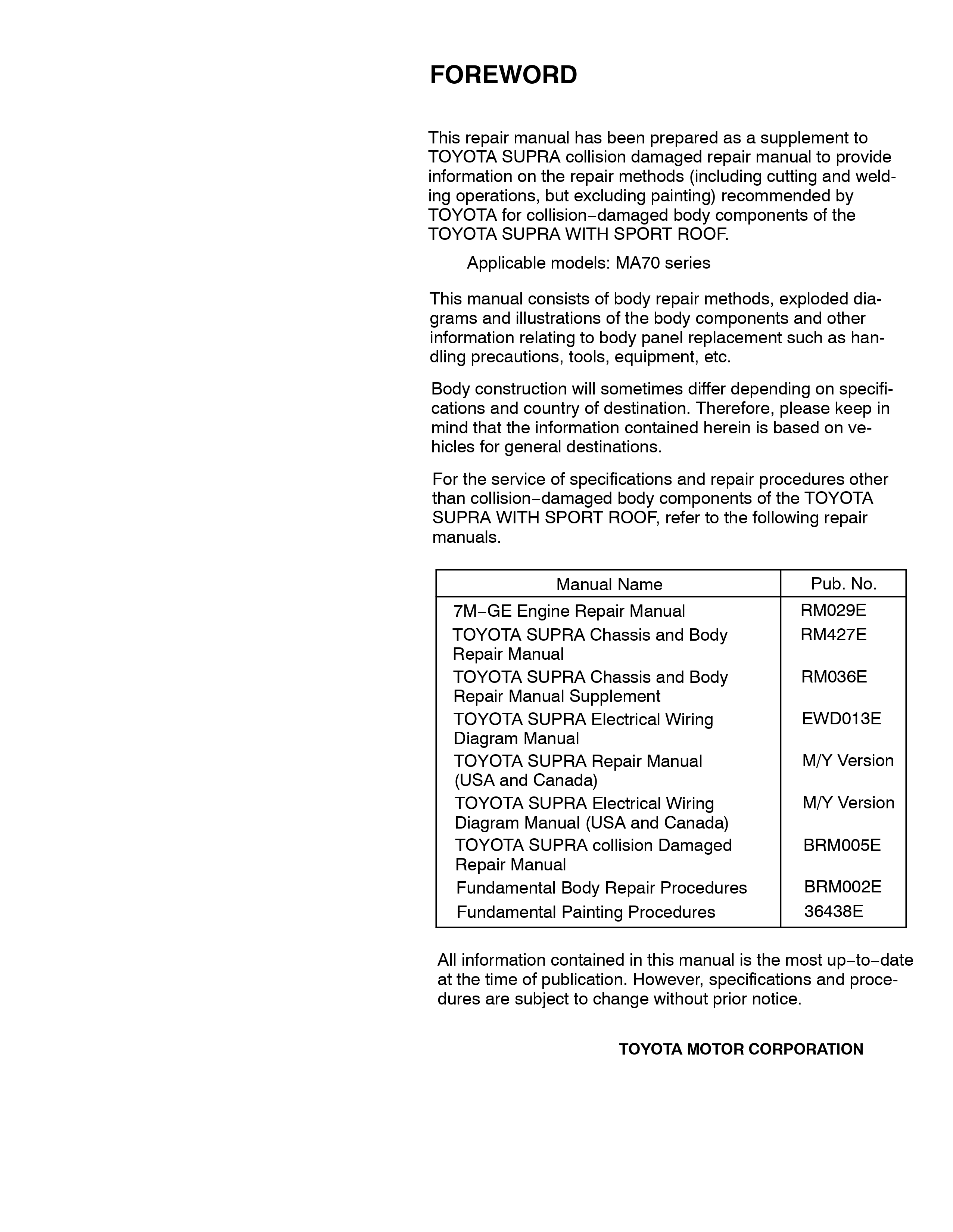 A70 Chassis Collision Repair Manual - Targa Supplement
