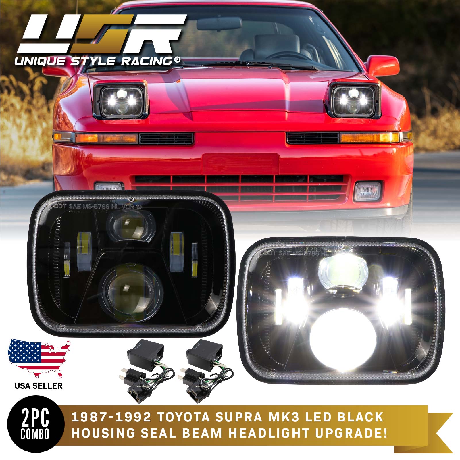 1987-1992 Toyota Supra Mk.3 III 7x6 H6054 / H6052 Black Housing LED Projector Sealed Beam Headlights
